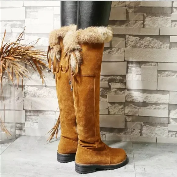 Brown Vegan Suede Faux Fur Lined Over The Knee Knee High Zip Boots - Picture 2 of 8
